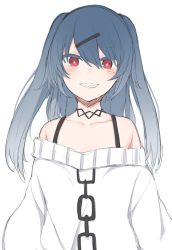 Rule 34 | 1girl, bare shoulders, collarbone, commentary request, hair between eyes, long hair, looking at viewer, off-shoulder sweater, off shoulder, original, otokuyou, red eyes, sharp teeth, simple background, smile, solo, sweater, teeth, twintails, upper body, white background