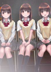 Rule 34 | 3girls, :d, bad id, bad pixiv id, black socks, blurry, blurry background, blush, bow, brown eyes, brown hair, chair, chikuwa (odennabe), closed mouth, collared shirt, commentary request, depth of field, feet out of frame, grey skirt, hands on lap, kneehighs, long hair, multiple girls, on chair, open mouth, original, pleated skirt, red bow, school uniform, shirt, short hair, short sleeves, sitting, skirt, smile, socks, sweater vest, white shirt