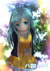 Rule 34 | 1girl, absurdres, aoi thomas, aqua hair, arms behind back, bad id, bad pixiv id, black jacket, blue eyes, blurry, blurry background, closed mouth, collarbone, commentary request, day, depth of field, dress, ensemble girls!, frilled dress, frills, hair ornament, hassaku tsuyuri, head tilt, highres, jacket, leaning forward, long hair, long sleeves, looking at viewer, orange dress, outdoors, pleated dress, smile, solo, sunlight, tree, twitter username, very long hair