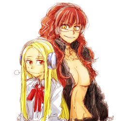 Rule 34 | 2girls, blonde hair, bolt, breasts, franken fran, grin, headphones, height difference, jacket, madaraki fran, madaraki gavrill, multiple girls, navel, open clothes, open jacket, phuphu, red eyes, red hair, siblings, sisters, smile, stitches, yellow eyes