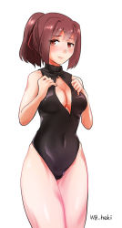 Rule 34 | 10s, 1girl, bad anatomy, breasts, brown eyes, brown hair, cleavage, cleavage cutout, clothing cutout, covered navel, cowboy shot, front zipper swimsuit, hekyu, ise (kancolle), kantai collection, looking at viewer, meme attire, one-piece swimsuit, ponytail, short hair, signature, smile, solo, swimsuit, white background