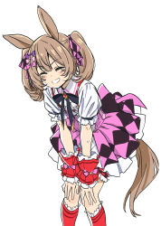 Rule 34 | 1girl, absurdres, animal ears, blush, bow, bowtie, brown hair, buttons, center opening, collared shirt, facing viewer, feet out of frame, hair bow, hands on own knees, highres, horse ears, horse girl, horse tail, kneehighs, leaning forward, medium hair, red socks, shirt, short sleeves, simple background, skirt, smart falcon (umamusume), smile, socks, solo, suspender skirt, suspenders, sweat, tail, umamusume, white background, white shirt, wrist cuffs, yamaguchi satoshi