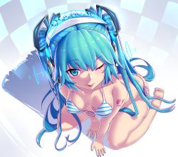 Rule 34 | 1girl, ;p, all fours, aqua eyes, aqua hair, bare shoulders, barefoot, bikini, blue eyes, blush, breasts, dev (dev0614), downblouse, from above, front-tie top, full body, hair ornament, hatsune miku, headphones, highres, long hair, looking at viewer, nail polish, one eye closed, open mouth, revision, shiny skin, side-tie bikini bottom, simple background, sitting, smile, solo, strap gap, striped bikini, striped clothes, swimsuit, tongue, tongue out, twintails, very long hair, vocaloid, wariza