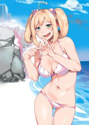 Rule 34 | 1girl, absurdres, ahoge, bare shoulders, beach, bikini, blonde hair, blue sky, blush, breasts, cleavage, cloud, commentary, cowboy shot, day, ear blush, green eyes, hair ornament, halterneck, heart, heart-shaped pupils, heart ahoge, highres, idolmaster, idolmaster cinderella girls, large breasts, looking at viewer, medium hair, menea, naughty face, navel, open mouth, outdoors, penetration gesture, pink bikini, rock, sato shin, sexually suggestive, shore, sidelocks, sky, smile, solo, string bikini, swimsuit, symbol-shaped pupils, twintails, water