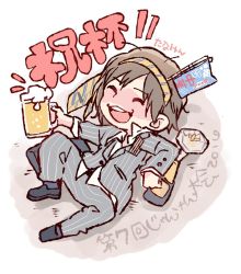 Rule 34 | 1girl, :d, ^ ^, akb48, alcohol, beer, beer mug, black footwear, blush, brown hair, character name, closed eyes, commentary request, cup, drunk, flag, formal, grey suit, holding, holding cup, long sleeves, lying, mug, necktie, necktie on head, open mouth, pants, pinstripe pattern, pinstripe suit, real life, shoes, short hair, smile, solo, striped necktie, striped neckwear, suit, tanabe miku, taneda yuuta, trophy, yellow necktie