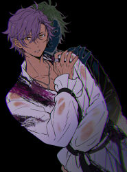 Rule 34 | 1boy, black background, collarbone, commentary request, crossed bangs, dark-skinned male, dark skin, dutch angle, ensemble stars!, frilled sleeves, frills, hair between eyes, hand on own shoulder, hand up, highres, jewelry, long sleeves, looking at viewer, male focus, necklace, otogari adonis, parted bangs, parted lips, purple hair, ring, shirt, short hair, sidelocks, simple background, sleepwildbear, solo, wet, wet clothes, wet hair, white shirt, yellow eyes