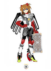 Rule 34 | 1girl, 2018 fifa world cup, blue eyes, brown hair, full body, germany, hair between eyes, hand on own hip, long hair, neon genesis evangelion, shin guards, simple background, smile, soccer, solo, souryuu asuka langley, suitcase, two side up, white background, world cup, yu yanshu