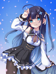 Rule 34 | 1girl, ahoge, arm up, assault lily, bare shoulders, black hair, black skirt, blue background, blue eyes, blue hair, blue nails, blunt bangs, breasts, brown pantyhose, c-chrone, cleavage, closed mouth, clothing cutout, collared shirt, commentary request, cowboy shot, falling petals, fingernails, frilled shirt collar, frilled skirt, frilled sleeves, frills, gradient background, gradient hair, hair ribbon, hand on own head, highres, leaning to the side, long hair, long sleeves, looking at viewer, medium breasts, miniskirt, mozuna noa, multicolored hair, nail polish, neck ribbon, pantyhose, petals, pleated skirt, puffy sleeves, purple ribbon, ribbon, school uniform, see-through, shirt, shoulder cutout, simple background, skirt, smile, solo, suspenders, two-tone hair, two side up, underbust, very long hair, waist cape, white ribbon, white shirt, yurigaoka girls academy school uniform