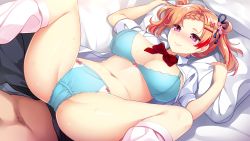 Rule 34 | 1girl, akatsuki yureru koi akari, aqua bra, aqua panties, blush, bow, bowtie, bra, breasts, cameltoe, cleavage, closed mouth, double bun, embarrassed, from above, game cg, groin, hair bun, hands up, large breasts, legs, loose socks, lying, navel, nose blush, on back, on bed, orange hair, original, panties, pillow, pillow grab, pink eyes, red bow, smile, socks, solo focus, spread legs, thighs, tobe ririmu, two side up, unbuttoned, unbuttoned shirt, underwear, usume shirou