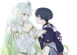 1boy 1girl alternate_universe arabian_clothes armlet armor black_eyes black_hair black_kimono black_sleeves blunt_ends bracelet braid breasts cleavage closed_mouth clothing_cutout cross-shaped_pupils detached_sleeves dress furisode genshin_impact gold gold_trim green_eyes grey_hair han&#039;eri hand_on_another&#039;s_shoulder hand_up highres japanese_armor japanese_clothes jewelry kimono kocokooo kote kurokote layered_kimono layered_sleeves long_braid long_hair looking_at_another multicolored_hair parted_lips pointy_ears pom_pom_(clothes) profile purple_bag purple_rope purple_sleeves red_kimono rope rukkhadevata_(genshin_impact) scaramouche_(genshin_impact) shimenawa short_sleeves shoulder_cutout side_braid smile streaked_hair symbol-shaped_pupils tears very_long_hair wavy_hair white_background white_dress white_hair white_kimono white_sleeves