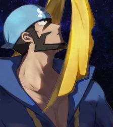 Rule 34 | 1boy, archie (pokemon), bandana, beard, black eyes, blue bandana, blue bodysuit, bodysuit, brown hair, chain necklace, commentary request, creatures (company), dark-skinned male, dark skin, diving suit, facial hair, game freak, highres, jewelry, kxyosp, logo, looking up, male focus, necklace, nintendo, parted lips, pokemon, pokemon oras, popped collar, ribbon, short hair, space, team aqua, upper body, wetsuit, yellow ribbon
