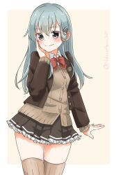 Rule 34 | 1girl, aqua eyes, aqua hair, blazer, bow, bowtie, brown cardigan, brown jacket, brown skirt, brown thighhighs, cardigan, cowboy shot, frilled skirt, frills, green eyes, hair ornament, hairclip, hand on own face, highres, jacket, kantai collection, long hair, looking at viewer, no chi (aka hara), pleated skirt, red bow, red bowtie, school uniform, skirt, smile, solo, standing, suzuya (kancolle), thighhighs