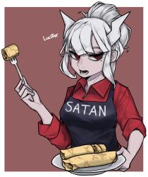 Rule 34 | 1girl, absurdres, apron, black apron, border, brown background, collared shirt, food, fork, helltaker, highres, holding, holding fork, horns, long sleeves, looking at viewer, lucifer (helltaker), mole, mole under eye, open mouth, pancake, ponytail, pzkpfwi, red eyes, red shirt, shirt, simple background, solo, upper body, white border, white hair, wing collar