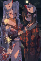 Rule 34 | 2girls, absurdres, black hair, breasts, cleavage, commentary request, eyeliner, fireworks, floral print, fox mask, full moon, grin, groin, hair between eyes, highres, hikimayu, holding fireworks, japanese clothes, kimono, korean commentary, large breasts, long hair, looking at viewer, makeup, mask, mask on head, moon, multiple girls, no panties, off shoulder, open mouth, original, red eyes, rima (0136), short hair, smile, sparkler, white hair