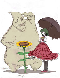 Rule 34 | 1girl, black pantyhose, crossover, flower, green hair, highres, kazami yuuka, monster, mtmy, oogie boogie, pantyhose, red eyes, simple background, skirt, sunflower, the nightmare before christmas, touhou, umbrella, white background