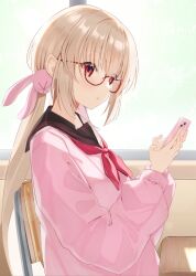 Rule 34 | 1girl, absurdres, black sailor collar, blonde hair, borumete, cellphone, chair, commentary request, desk, from side, glasses, hair ornament, hands up, highres, holding, holding phone, indoors, light blush, long hair, long sleeves, looking at viewer, low ponytail, natori sana, neckerchief, on chair, phone, pink sweater, rabbit hair ornament, red-framed eyewear, red eyes, red neckerchief, sailor collar, sana channel, school chair, school desk, semi-rimless eyewear, sidelocks, sitting, smartphone, solo, sweater, under-rim eyewear, virtual youtuber, wide sleeves, window