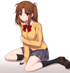 Rule 34 | 1girl, black socks, blood, blood on face, blood on hands, blush, bow, bowtie, brown eyes, brown footwear, brown hair, cardigan, collared shirt, commentary, grey skirt, hand on own arm, highres, loafers, long hair, long sleeves, looking at viewer, low twintails, miniskirt, nemu mohu, parted bangs, parted lips, pleated skirt, red bow, red bowtie, school uniform, shirt, shoes, sidelocks, simple background, sitting, skirt, sleeves past wrists, socks, solo, tsukihime, tsukihime (remake), twintails, uniform, white background, white shirt, yellow cardigan, yumizuka satsuki
