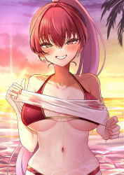 Rule 34 | 1girl, absurdres, bikini, blush, breasts, collarbone, earrings, grin, heart, heart earrings, heart necklace, heterochromia, high ponytail, highres, hinoki kahun0, hololive, houshou marine, jewelry, large breasts, long hair, looking at viewer, navel, necklace, ocean, red bikini, red eyes, red hair, sky, smile, solo, stomach, sunset, swimsuit, teeth, very long hair, virtual youtuber, water, wet, yellow eyes