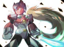 Rule 34 | 1boy, akako83, armor, blonde hair, clenched hands, cowboy shot, energy sword, green eyes, helmet, highres, holding, holding sword, holding weapon, long hair, looking to the side, mega man (series), mega man x (series), ponytail, red armor, red headwear, shoulder armor, solo, sword, twitter username, weapon, white background, z saber, zero (mega man)