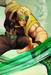 Rule 34 | 1boy, artist request, belt, blonde hair, blue eyes, boots, capcom, charlie nash, colored skin, forehead jewel, glasses, gradient background, highres, male focus, multicolored skin, muscular, official art, open clothes, open vest, patchworks, pompadour, rimless eyewear, short hair, solo, stitches, street fighter, street fighter v, two-tone skin, vest, watch