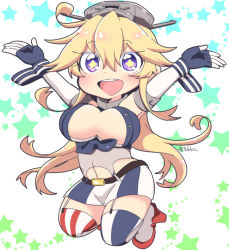 Rule 34 | + +, 10s, 1girl, :d, arms up, blonde hair, breasts, chibi, elbow gloves, fingerless gloves, full body, gloves, hair between eyes, iowa (kancolle), jumping, kantai collection, large breasts, long hair, miniskirt, open mouth, outstretched arms, purple eyes, round teeth, signature, skirt, smile, solo, star-shaped pupils, star (symbol), symbol-shaped pupils, teeth, thighhighs, tsukko (3ki2ne10)