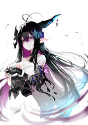 Rule 34 | 1girl, ahoge, bandaged arm, bandages, black hair, breasts, danua, draph, dress, granblue fantasy, halterneck, horns, large breasts, long hair, neichiru, own hands together, pointy ears, purple eyes, solo, very long hair, white dress