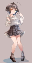 Rule 34 | 1girl, :o, black footwear, black skirt, breasts, brown background, brown hair, collarbone, comah, commentary request, grey socks, grey sweater, hands up, head tilt, highres, jewelry, kantai collection, kishinami (kancolle), long sleeves, looking at viewer, open mouth, orange eyes, pendant, plaid, plaid skirt, pleated skirt, puffy long sleeves, puffy sleeves, ribbed sweater, shadow, shoes, short hair, skirt, small breasts, socks, solo, standing, sweater