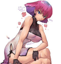 Rule 34 | 1girl, amania orz, artist name, black gloves, blue eyes, breasts, china dress, chinese clothes, covered navel, crossed legs, dated, dress, earrings, feet out of frame, gloves, gundam, gundam zz, haman karn, jewelry, large breasts, looking at viewer, medium hair, purple hair, shadow, simple background, sleeveless, sleeveless dress, solo, white background