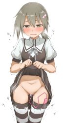 Rule 34 | 1girl, absurdres, black skirt, black thighhighs, blush, breasts, brown eyes, clothes lift, commentary request, commission, cowboy shot, flower, grey hair, hair between eyes, hair flower, hair ornament, hairclip, highres, lifted by self, looking at viewer, medium hair, miniskirt, minowa gin, navel, object insertion, open mouth, pleated skirt, ponytail, puffy short sleeves, puffy sleeves, sabo (12454861), saliva, sex toy, short sleeves, simple background, skeb commission, skirt, skirt lift, small breasts, solo, striped clothes, striped thighhighs, thigh gap, thighhighs, trembling, vaginal, vaginal object insertion, variant set, vibrator, vibrator cord, vibrator in thighhighs, washio sumi wa yuusha de aru, white background, white thighhighs, yuusha de aru