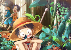 Rule 34 | 3boys, bandages, bandaid, black hair, blonde hair, brother, brothers, brown eyes, bug, butterfly, child, clothes writing, ascot, east blue, family, freckles, goggles, hat, bug, jacket, lizard, male focus, monkey d. luffy, multiple boys, mushroom, nyuu men, one piece, onemani, open mouth, outdoors, plant, pole, portgas d. ace, sabo (one piece), scenery, shorts, siblings, smile, squatting, straw hat, tank top, top hat, tree, walking, aged down