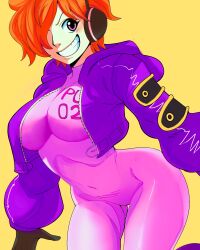Rule 34 | 1girl, absurdres, bodysuit, breasts, breasts apart, coolb art, covered navel, curvy, feet out of frame, gloves, grin, hair over one eye, highres, jacket, large breasts, looking at viewer, numbered, one piece, orange hair, pink bodysuit, pink eyes, purple jacket, shiny clothes, simple background, smile, vegapunk lilith, wide hips, yellow background