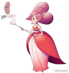 Rule 34 | 1girl, artist name, bare shoulders, creature and personification, creatures (company), detached collar, dress, elbow gloves, full body, game freak, gen 3 pokemon, gloves, heart, long hair, luvdisc, moemon, nintendo, personification, pokedex number, pokemon, pokemon (creature), purple eyes, sidelocks, simple background, solo, standing, tamtamdi, wand, white background, white gloves