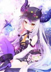 Rule 34 | 1girl, absurdres, ahoge, ankle cuffs, ascot, bare shoulders, baseball cap, bibi (tokoyami towa), black hat, black horns, braid, braided bangs, character doll, fake horns, grey hair, hat, highres, hololive, horned headwear, horns, la+ darknesss, la+ darknesss (1st costume), long hair, looking at viewer, mocha (naturefour), multicolored hair, pointy ears, purple hair, solo, streaked hair, striped horns, tokoyami towa, tokoyami towa (1st costume), virtual youtuber, yellow ascot
