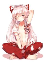 Rule 34 | 1girl, arm behind head, bad id, bad pixiv id, barefoot, blush, bow, breasts, center opening, collarbone, fujiwara no mokou, full body, hair bow, hair ribbon, indian style, long hair, looking at viewer, navel, no bra, one eye closed, open clothes, open shirt, panties, pants, red eyes, ribbon, shirt, shnva, simple background, sitting, small breasts, solo, striped clothes, striped panties, torn clothes, torn sleeves, touhou, tress ribbon, underwear, very long hair, white background, white hair, white shirt