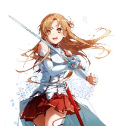 Rule 34 | 1girl, armor, asuna (sao), blush, braid, breast press, breastplate, brown eyes, brown hair, flower, highres, holding, holding sword, holding weapon, knights of blood uniform (sao), lambent light, long hair, looking at viewer, miniskirt, open mouth, pleated skirt, rapier, red skirt, sheath, skirt, smile, solo, sword, sword art online, thighhighs, unsheathed, weapon, white armor, yoru kiri