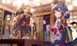 Rule 34 | 4girls, :d, alternate costume, alternate hairstyle, animal ear fluff, animal ears, arknights, autumn, autumn leaves, back bow, bag, black bow, black kimono, blonde hair, bow, breasts, ch&#039;en (arknights), closed eyes, closed mouth, clothing cutout, dragon girl, dragon horns, dragon tail, floral print, flower, folded fan, folding fan, full moon, fur trim, green eyes, green hair, hair bun, hair flower, hair ornament, hand fan, hand on own hip, handbag, highres, holding, holding bag, holding fan, hongbaise raw, horns, hoshiguma (arknights), indoors, japanese clothes, kimono, large bow, lin (arknights), long hair, long sleeves, looking at viewer, medium breasts, moon, mouse ears, multiple girls, night, obi, open mouth, parted bangs, parted lips, pink kimono, purple hair, purple kimono, red eyes, sash, single hair bun, single horn, skin-covered horns, sliding doors, smile, swire (arknights), table, tail, tail through clothes, tassel, tiger ears, tiger girl, tiger tail, very long hair, white flower, wide sleeves