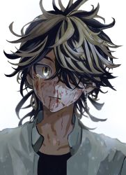 Rule 34 | 1boy, black hair, black shirt, blonde hair, blood, blood on face, closed mouth, hair over one eye, hanemiya kazutora, injury, jacket, lumian (user lomen), male focus, multicolored hair, shirt, simple background, solo, tears, tokyo revengers, two-tone hair, upper body, white background, white jacket, yellow eyes