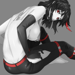 Rule 34 | 1girl, absurdres, bad id, bad pixiv id, belt, black hair, breasts, butt crack, elbow gloves, gloves, grey background, highres, hyperbudd, kill la kill, large breasts, matoi ryuuko, multicolored hair, pants, red eyes, red hair, shoulder blades, solo, topless, towel, towel around neck