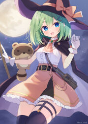 Rule 34 | 1girl, animal, animal on arm, ascot, bag, belt, blue eyes, blush, brooch, cape, center frills, frilled skirt, frills, full moon, gloves, green hair, hair ornament, hairclip, halloween, hat, highres, jewelry, looking at viewer, medium hair, moon, night, night sky, open mouth, original, raccoon, satchel, shirai tanuki, shoulder bag, skindentation, skirt, sky, smile, solo, star (sky), starry sky, takeda emi, thighhighs, witch, witch hat