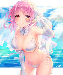 Rule 34 | 1girl, absurdres, bikini, blue sky, blush, borrowed character, bow, breasts, cleavage, cloud, cloudy sky, commentary request, detached collar, dress, elbow gloves, gloves, hair bow, hair ornament, highres, large breasts, looking at viewer, navel, ocean, orange eyes, original, parted lips, pink hair, piyoyanagi, side-tie bikini bottom, sky, smile, solo, standing, swimsuit, wedding dress, white bikini, white bow, white gloves