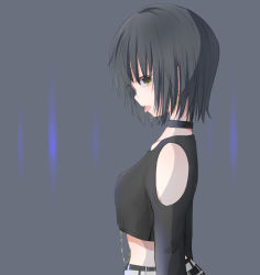 Rule 34 | 1girl, black hair, black neckwear, blush, breasts, choker, collarbone, eonayu, from side, funami yui, grey background, looking at viewer, looking to the side, medium breasts, midriff, navel piercing, piercing, short hair, simple background, solo, tongue, tongue out, tongue piercing, upper body, yellow eyes, yuru yuri