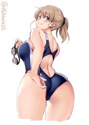 Rule 34 | 1girl, ass, blue eyes, blue one-piece swimsuit, blush, breasts, closed mouth, competition swimsuit, ebifurya, unworn eyewear, from behind, goggles, highres, holding, holding removed eyewear, intrepid (kancolle), kantai collection, large breasts, light brown hair, looking at viewer, looking back, medium hair, one-piece swimsuit, ponytail, simple background, smile, solo, swimsuit, twitter username, upper body, white background