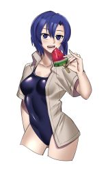 Rule 34 | 1girl, blue eyes, blue hair, catria (fire emblem), eating, ebinku, fire emblem, fire emblem: mystery of the emblem, food, fruit, highres, holding, nintendo, one-piece swimsuit, open mouth, popsicle, short hair, short sleeves, simple background, solo, swimsuit, watermelon, watermelon bar, white background