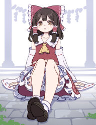 Rule 34 | 1girl, absurdres, bare shoulders, blush stickers, bow, brown eyes, brown footwear, brown hair, detached sleeves, frilled skirt, frills, full body, hair bow, hair tubes, hakurei reimu, highres, japanese clothes, kame (kamepan44231), medium hair, nontraditional miko, open mouth, red bow, red skirt, ribbon-trimmed sleeves, ribbon trim, shoes, sidelocks, sitting, skirt, socks, solo, touhou, white sleeves, white socks, wide sleeves