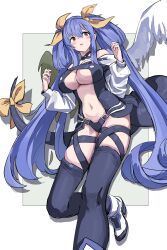 Rule 34 | 1girl, absurdres, angel wings, asymmetrical wings, bare shoulders, belt, black panties, black thighhighs, blue hair, blush, breasts, center opening, cleavage, collarbone, commentary, detached sleeves, dizzy (guilty gear), feathers, foot out of frame, guilty gear, guilty gear x, guilty gear xrd, guilty gear xx, hair between eyes, hair ribbon, hair rings, highres, huanxiang huifeng, large breasts, long hair, long sleeves, looking at viewer, navel, panties, puffy long sleeves, puffy sleeves, pulled by self, red eyes, ribbon, shadow, sidelocks, simple background, skindentation, solo, stomach, tail, tail ornament, tail ribbon, thick thighs, thigh gap, thigh strap, thighhighs, thighs, twintails, underboob, underwear, wings, yellow ribbon