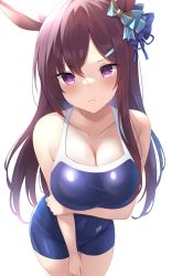 Rule 34 | 1girl, absurdres, animal ears, arm under breasts, bare shoulders, blue one-piece swimsuit, blush, bow, breasts, brown hair, cleavage, closed mouth, collarbone, commentary request, covered navel, cowboy shot, ear bow, ear ornament, frown, hair between eyes, hair ornament, hairclip, highres, horse ears, horse girl, large breasts, long hair, looking at viewer, mejiro dober (umamusume), nontraditional school swimsuit, one-piece swimsuit, purple eyes, school swimsuit, sidelocks, simple background, solo, standing, swimsuit, tracen swimsuit, umamusume, white background, zeatto