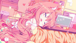 Rule 34 | 1girl, animal ear fluff, animal ears, bed, blush stickers, book, bubble, chair, commentary request, computer, desk, drooling, closed eyes, flower (symbol), food, fruit, heart, highres, hinata channel, indoors, keyboard (computer), kotatsu, kurumai, laptop, long hair, loungewear, mandarin orange, monitor, musical note, nekomiya hinata, open mouth, picture frame, pink hair, sleeping, solo, sparkle, star (symbol), table, trash can, twintails, virtual youtuber, youtube logo, zzz