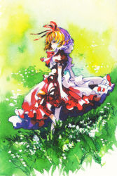 Rule 34 | 1girl, bad id, bad pixiv id, blonde hair, bow, crayon (medium), dress, fea, female focus, flower, gradient background, grass, hair ribbon, looking back, marker (medium), medicine melancholy, nature, outdoors, plant, profile, ribbon, short hair, sky, solo, touhou, traditional media