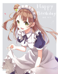 Rule 34 | 10s, 1girl, 2016, :d, apron, bow, brown hair, dated, dress, frilled apron, frills, green eyes, grey background, hair bow, happy birthday, heart, highres, looking at viewer, love live!, love live! school idol festival, love live! school idol project, maid, maid headdress, minami kotori, neck ribbon, one side up, open mouth, puffy short sleeves, puffy sleeves, ribbon, sentaro207, short sleeves, simple background, skirt hold, smile, solo, wonder zone
