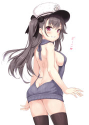Rule 34 | 1girl, ass, azur lane, back, backless outfit, bare arms, bare shoulders, black thighhighs, bow, breasts, butt crack, dress, from behind, fur hat, grey hair, grey sweater, grin, hair bow, hat, highres, large breasts, long hair, looking at viewer, looking back, meme attire, no bra, one side up, pamiat merkuria (azur lane), papakha, peaked cap, pink eyes, ribbed sweater, shoulder blades, simple background, sleeveless, sleeveless sweater, smile, solo, sweater, sweater dress, thighhighs, thighs, virgin killer sweater, white background, white hat, yamasan, zettai ryouiki